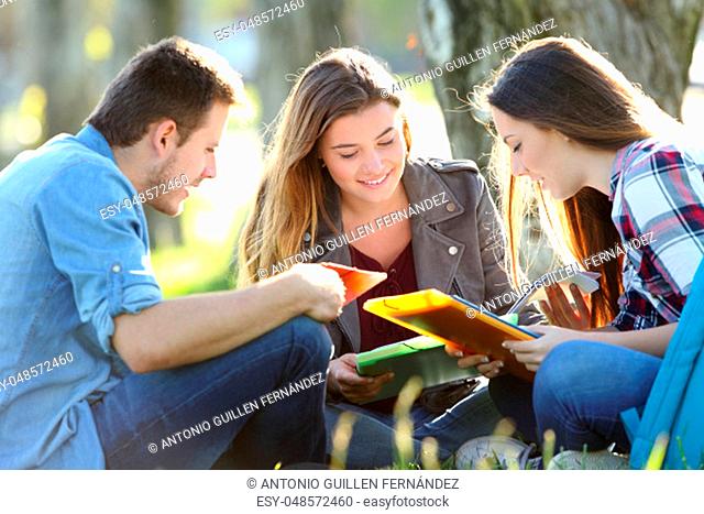 Three students studying reading notes together outdoors sitting on the grass