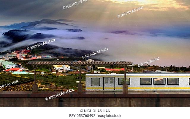 The 3d rendering of beautiful small train station with train beside it