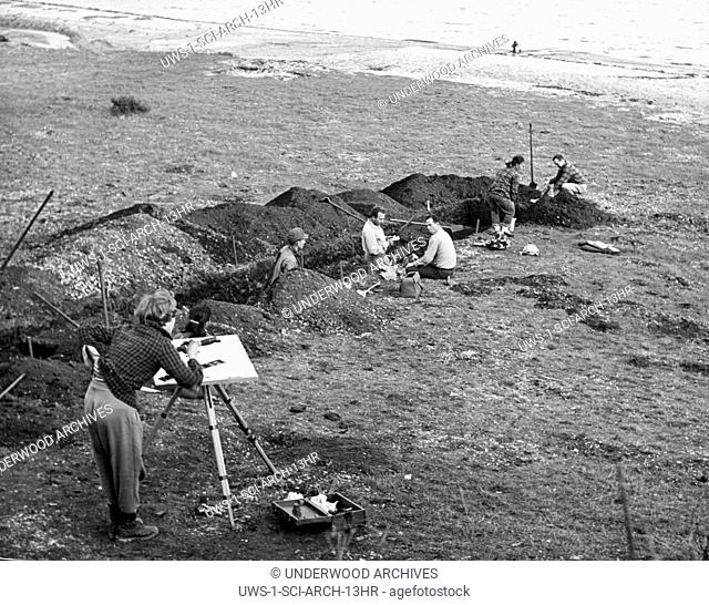 Tomales Bay, California: 1952 Archeologists working at a site