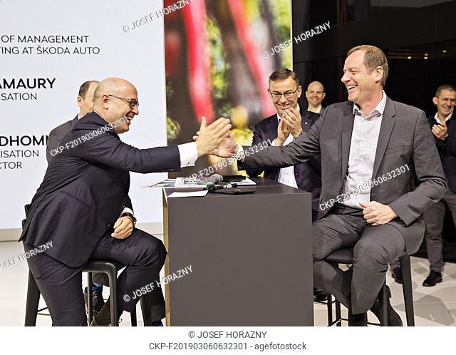 Skoda Auto CEO Bernhard Maier (left) and Tour de France director Christian Prudhomme signed a sponsorship contract up to 2023 during the 2019 Geneva...