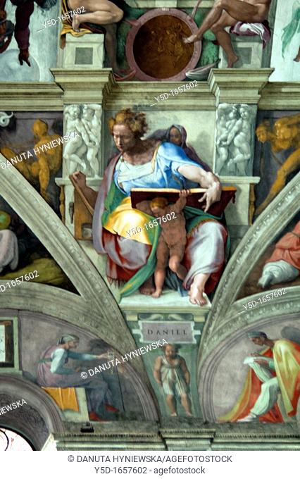 Michelangelo's fresco of Daniel one of Seven Prophets, Sistine Chapel, Vatican Museum, Rome, Italy