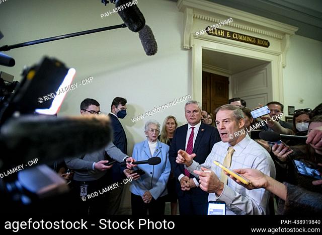 United States Representative Jim Jordan (Republican of Ohio), Chair, US House Committee on the Judiciary, center, offers remarks prior to a House impeachment...