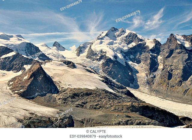 Piz Bernina and glaciers in the valley seen from Diavolezza and Munt Pars. Alps in Switzerland