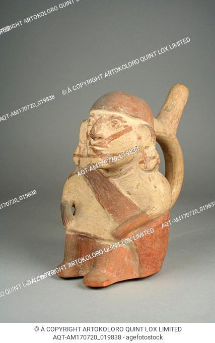 Stirrup Spout Bottle with Seated Figure, 6thâ€“7th century, Peru, Moche, Ceramic, slip, pigment, H x W: 7 1/4 x 4 5/8in. (18.4 x 11