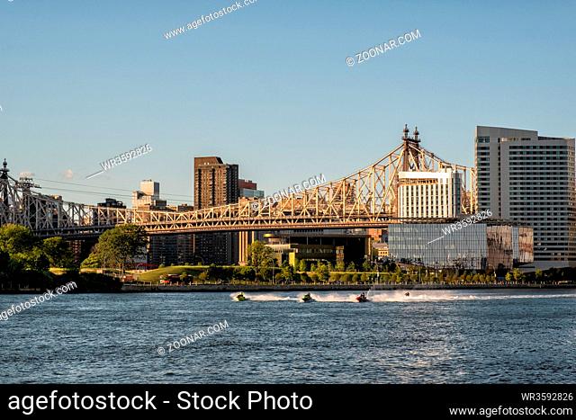 Queens NY - USA - Aug 29 2019: Ed Koch Queensboro Bridge and east river view from Long Island City