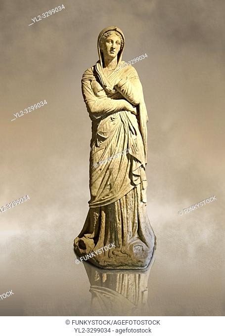 Greek Late Hellenistic marble statue of Baeria, from Magnesia AD Maeandrum ( Menderes Manisasi ), temple of Athens, Turkey. Mid 1st cent. B. C