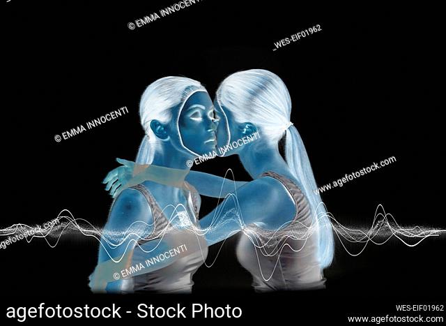 Robot woman embracing and kissing self by wave pattern on black background