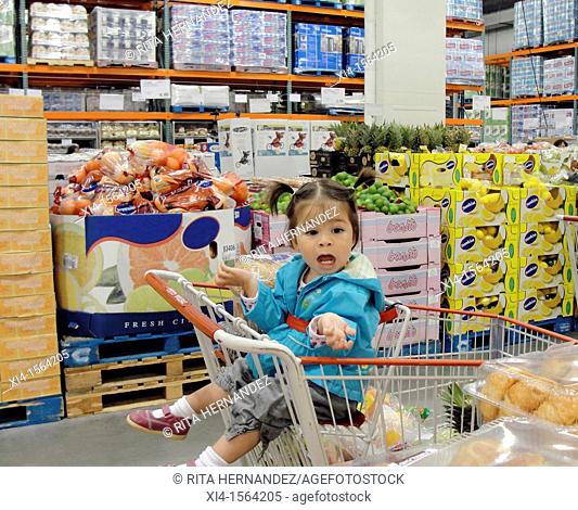 Toddler seated in super market shopping cart. She is looking at a stack of products with inquisitive expression. Wholesale warehouse in Vancouver Downtown