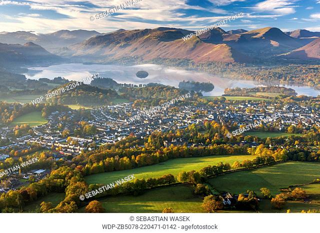 View over Keswick and Derwent Water from Latrigg summit, Lake District National Park