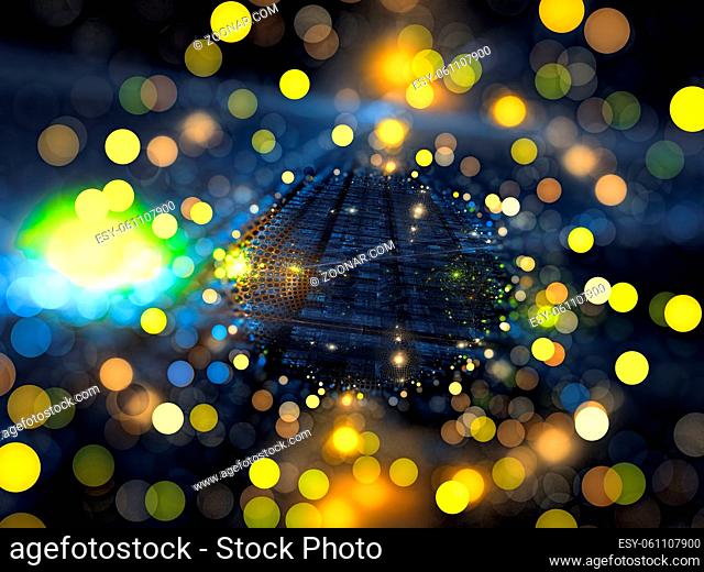 Festive fractal blur - abstract computer-generated image. Digital art: textured path to horizon with bubble bokeh. Technology or holiday background for covers