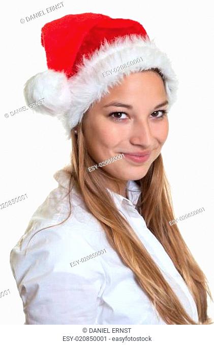 Portrait einer fröhlichen Frau mit roter Nikolausmütze