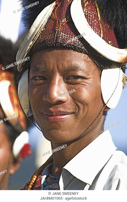 Myanmar Burma, Sagaing Region, Lahe village, Naga New Year Festival, Naga man wearing headdress