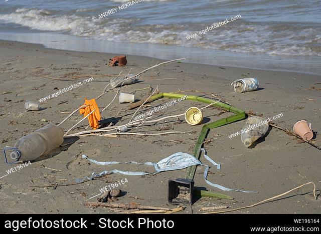 DANUBE DELTA, VYLKOVE, ODESSA OBLAST, UKRAINE - JULY 11-15, 2020: Plastic pollution in Danube Biosphere Reserve. Plastic and other garbage from all over Europe...