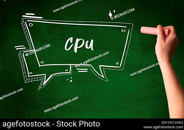 Hand drawing CPU abbreviation with white chalk on blackboard
