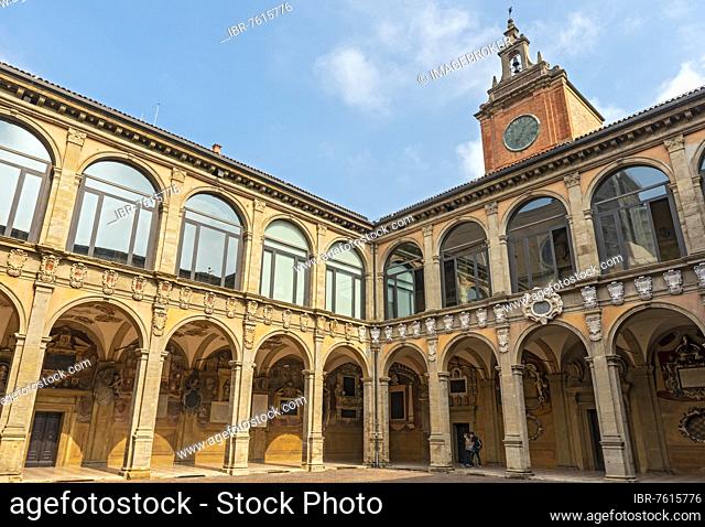 Inner courtyard of Palace of Archiginnasio, University of Bologna, Italy, Europe