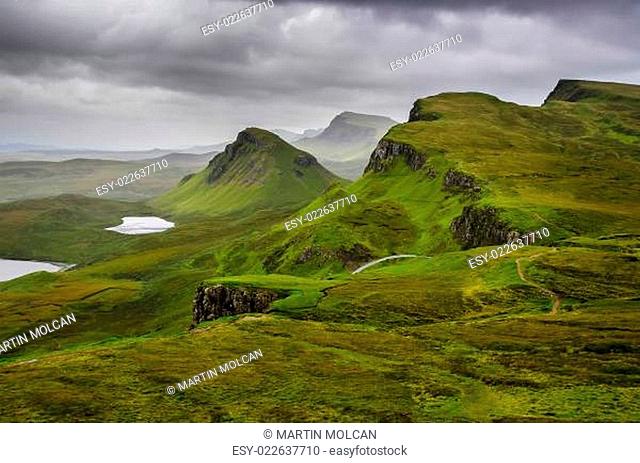 Scenic view of Quiraing mountains with dramatic sky, Scottish highlands