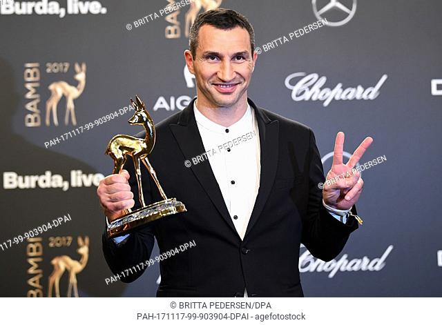Boxer Wladimir Klitschko showing his Bambi, which he won in the ""Sports"" category, in Berlin, Germany, 16 November 2017