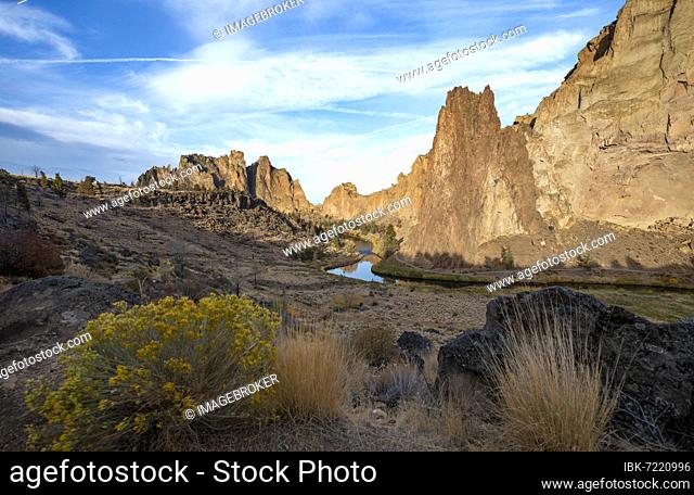 Red rock walls in the morning sun, course of the Crooked River, canyon with rock formations, The Red Wall, Smith Rock State Park, Oregon, USA, North America