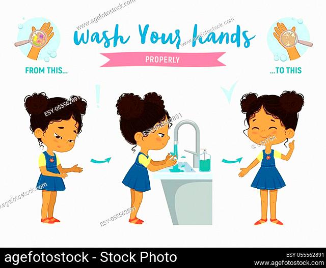 Illustration of a african american girl washing her hands on a white background. Wash your Hands Properly Step Poster Infographic illustration