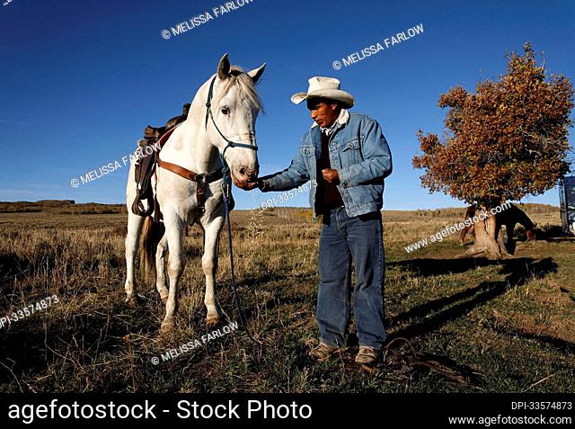 A once wild horse now works the Wyoming range with a sheepherder; Savery, Wyoming, United States of America