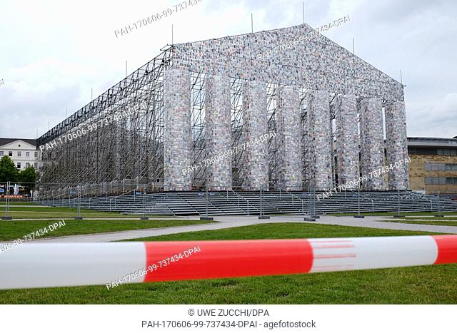 A cordon outside the documenta artwork ""The Parthenon of Books"" by Argentinian artist M. Minujin in Kassel, Germany, 6 June 2017