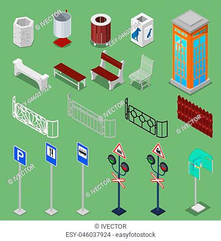 Isometric City Urban Elements with Benches, Fences, Road Signs, Telephone Box and Trashcans. Vector illustration