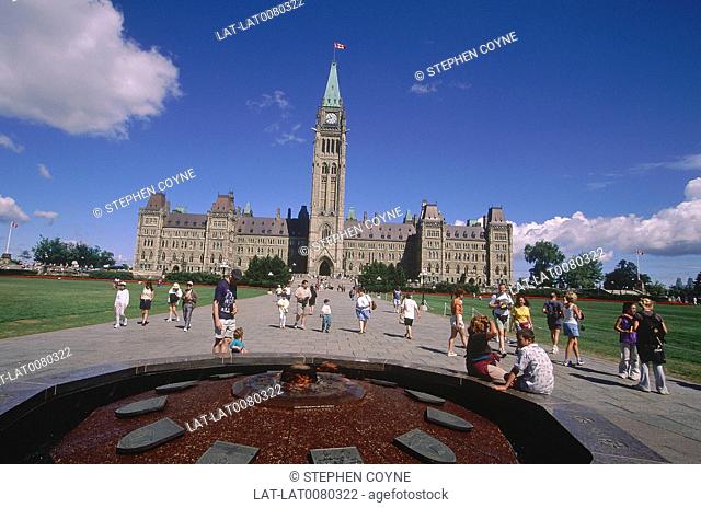 Parliament building. Clock tower. People on path/ by fountain