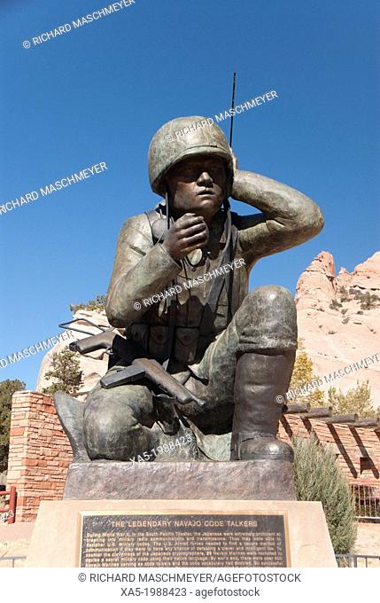 USA, Arizona, Window Rock Navajo Tribal Park & Veteran's Memorial, statue honoring the Navajo Code Talkers of World War II