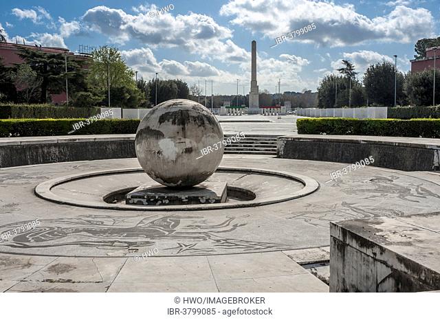 Stone globe and square with marble mosaics, behind Mussolini's obelisk, Foro Italico, sports complex, 1928-1938, Rome, Lazio, Italy