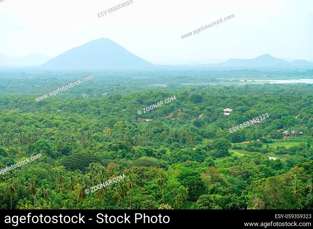 Hilly rural landscape view from the top of sacred Dambulla Golden Cave Temple on Sri Lanka island