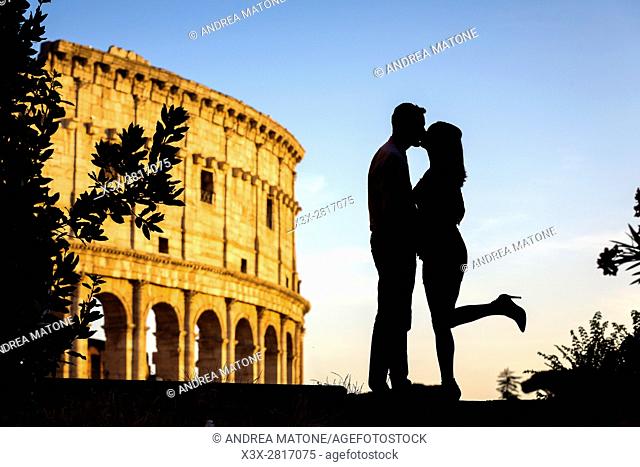 Couple silhouette. Roman Colosseum. Rome, Italy