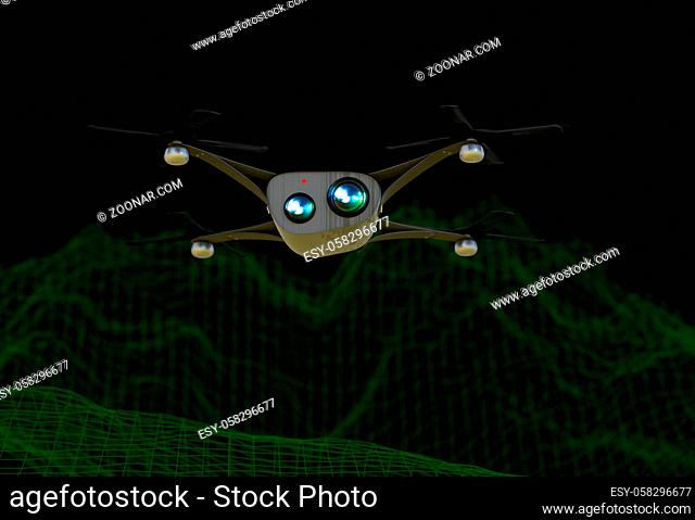 Quadcopter carrying cameras over virtual landscape, 3d render