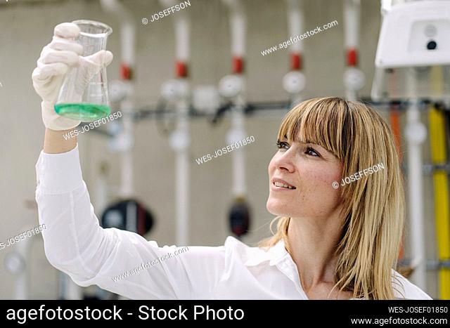 Close-up of female professional holding conical flask in greenhouse