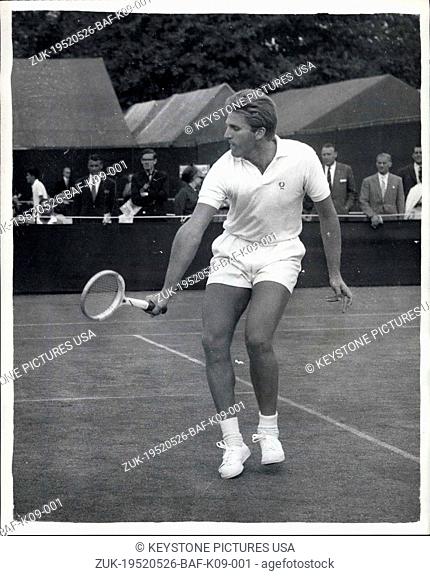 May 26, 1952 - Wimbledon first day : France wins. Photo shows J. Grinda (France) in play against M. Olvera (Ecuador) whom he beat 3-6, 9-7, 6-1, 6-2