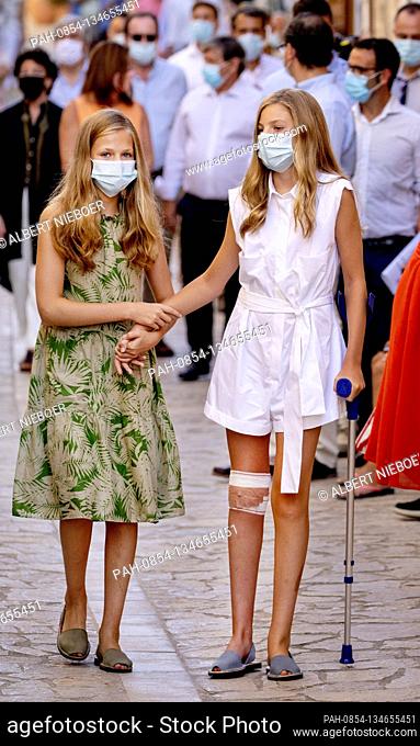 Princess Leonor and Princess Sofia ( with a crutch, fallen yesterday in the Marivent Palace ) of Spain in Petra, on August 10, 2020