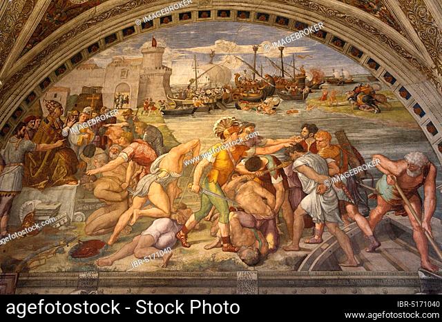 Painting Battle of Ostia, by Raphael, Fresco, Fresco, Room of Fire of Borgo, Raphael Rooms, Stanze di Raffaello, Apostolic Palace, Vatican, Rome, Lazio, Latium