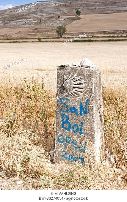 stony direction sign at the Way of St. James between Rab de las Calzadas und Hornillos del Camino leading to the XXX San Bol, Spain, Kastilien und Len, Burgos