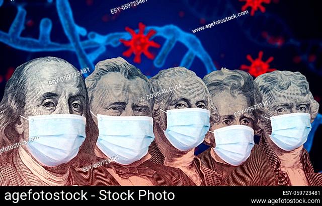 Different american presidents from dollar banknotes with a face masks on covid background. Concept of the global financial crisis and pandemic