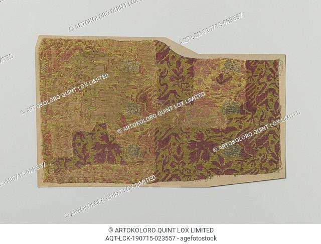 Fragment of silk fabric, Fragment of 3 glued-on pieces, strongly signed, of red-green silk with pattern of Virginia creeper and griffins turned away from each...