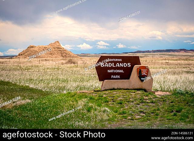 Badlands National Park, SD, USA - May 15, 2019: A welcoming signboard at the entry point of preserve park