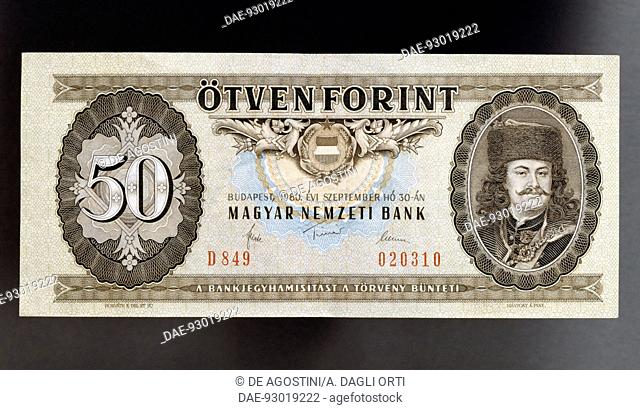 50 fiorint banknote, 1980, obverse, Francis II Rakoczi (1676-1735). Hungary, 20th century