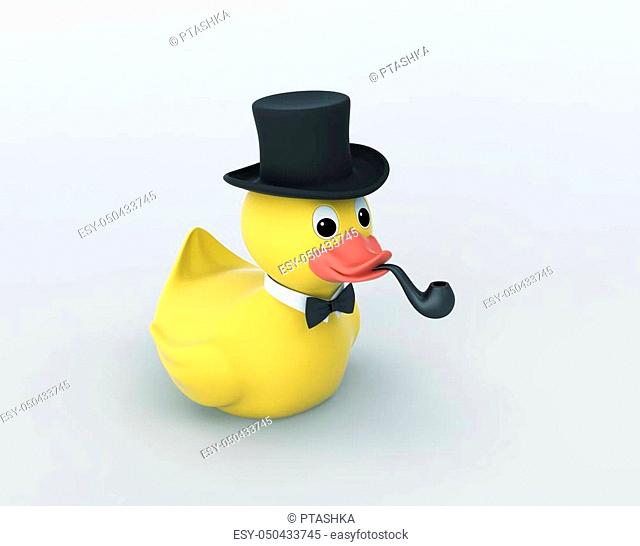 Rubber duck with black hat and smoking pipe. 3D rendering with clipping path