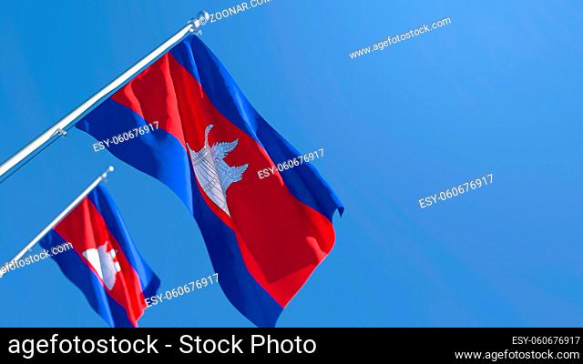 3D rendering of the national flag of Cambodia waving in the wind against a blue sky