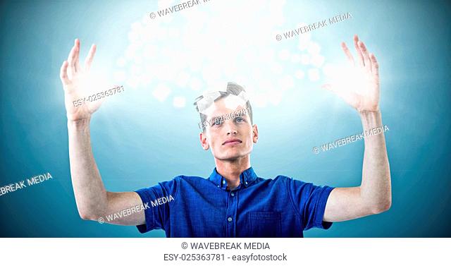 Composite image of man in blue shirt with arms raised 3d