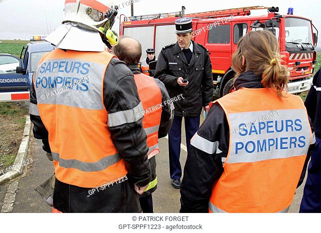 GENDARMES AND FIREFIGHTERS AT THE SCENE OF A TRAIN ACCIDENT, TGV CRASHED INTO A CAR, ONE PERSON KILLED, TOWN OF CRISSE, SARTHE 72, FRANCE