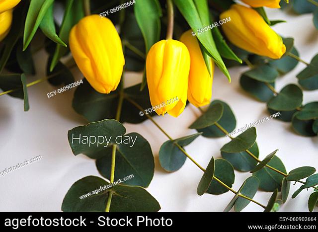 beautiful yellow tulips with eucalyptus branches on a white table, inscription happy day