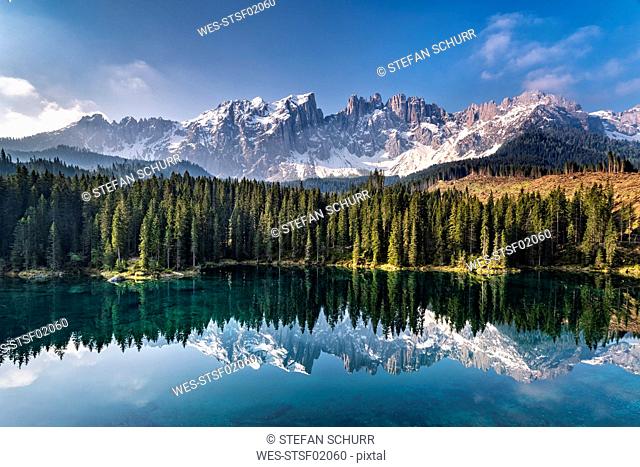 Mountain massif and Karersee, Dolomites, South Tyrol, Italy