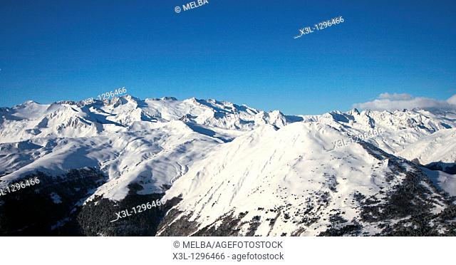 Aneto peak and Madaleta range from Valley Aran, aerial view  Pyrenees  Lerida province  Catalonia  Spain