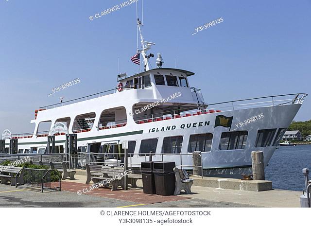 The Island Queen ferry from Martha's Vineyard to Falmouth docked in Oak Bluffs Harbor waiting for its next run