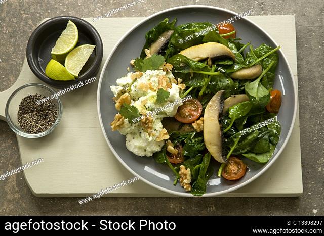 Spinach salad with avocado ricotta and mushroom